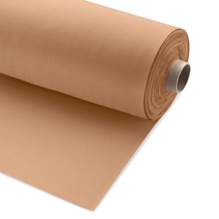 Beige EcoVero French terry fabric rolled on a bolt