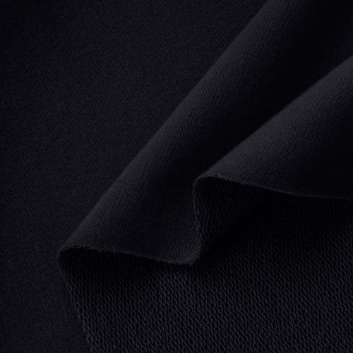 Black peach skin sweatshirt knit – close-up of front and looped back texture.