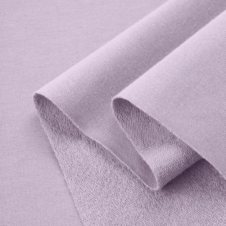Loopback fabric Violet 223 – layered view of soft, flexible violet knit with looped reverse