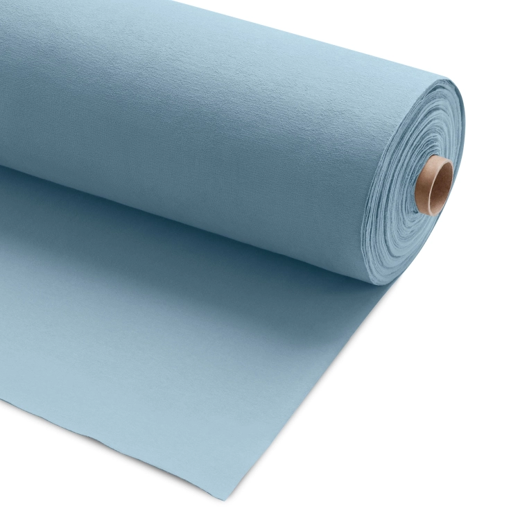 Blue 564 French terry fabric rolled on a tube, showing matte surface and light, airy blue tone