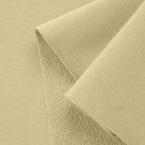 Close-up of Yellow 491 knit fabric – smooth right side and textured loopback reverse, showing quality and stretch.