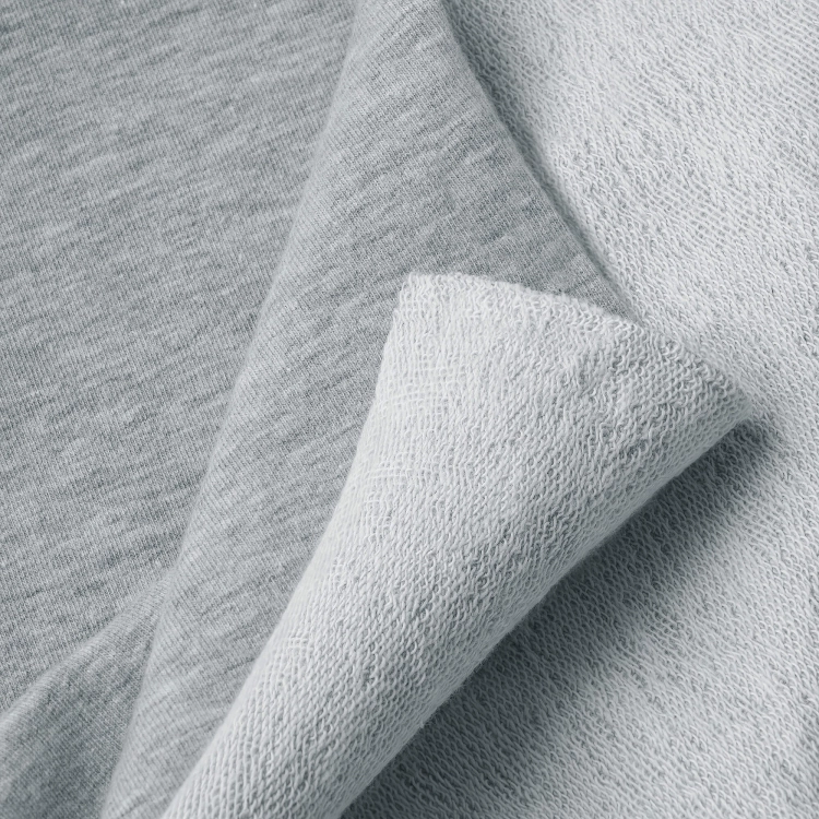 Folded Melange Grey fabric – breathable and flexible terry knit for modern basics.