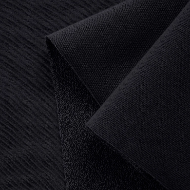 Close-up of black fabric – smooth knit surface and textured terry underside.