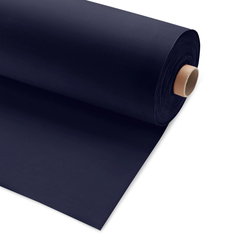 Roll of Single Jersey 200g cotton fabric in navy blue, unrolled on a white background